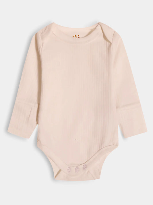Beige baby bodysuit on a light gray background