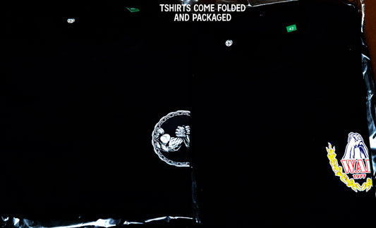 Black t-shirt with white graphics and text on a black background