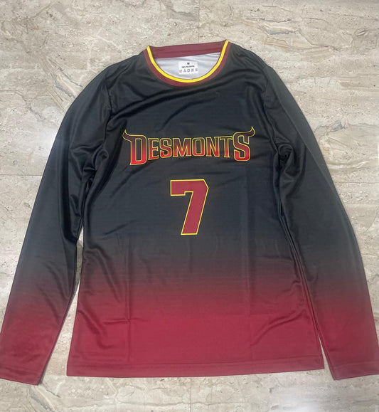 Long-sleeve sports jersey with 'Desmonts' and number '7' on a gray surface