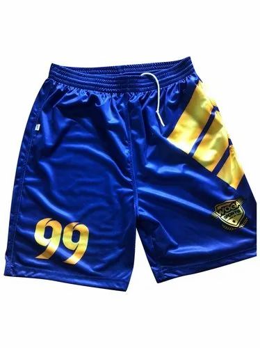 Royal Blue jersey shorts with yellow stripe and number