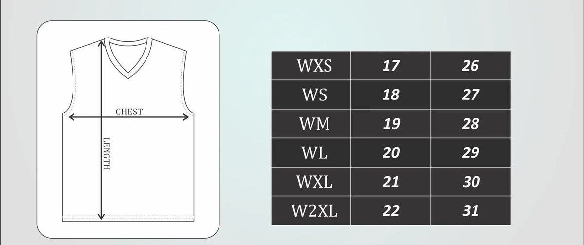 Size chart for Cisco Sports vests with measurements on a gray background