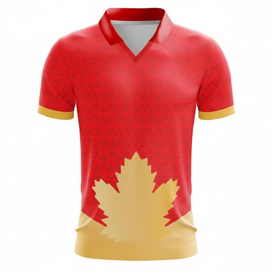 Red shirt with a yellow maple leaf design on a white background