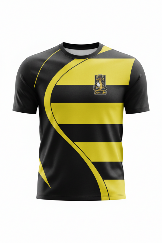 Black and yellow striped shirt with a logo 