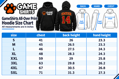 Hoodie size chart graphic for GameShirts All-Over Print, showing front and back views of a black hoodie with a logo and number 14, plus line drawings indicating back height, hand height, and chest, followed by a size table from S to 5XL with chest, back height, and hand height measurements in inches.