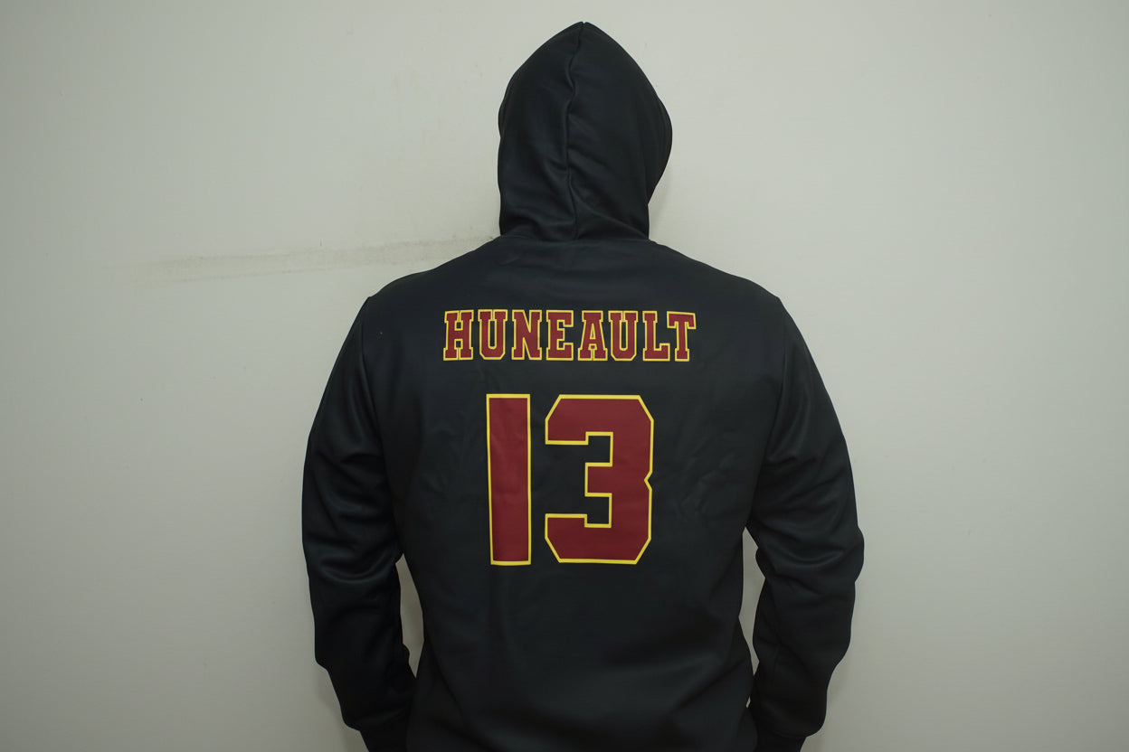 Black hoodie with 'HUNEAULT' and number '13' on the back, size chart on the side. with size chart