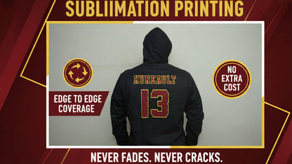 Black hoodie with 'HUNEAULT' and number '13' on the back, size chart on the side. with size chart