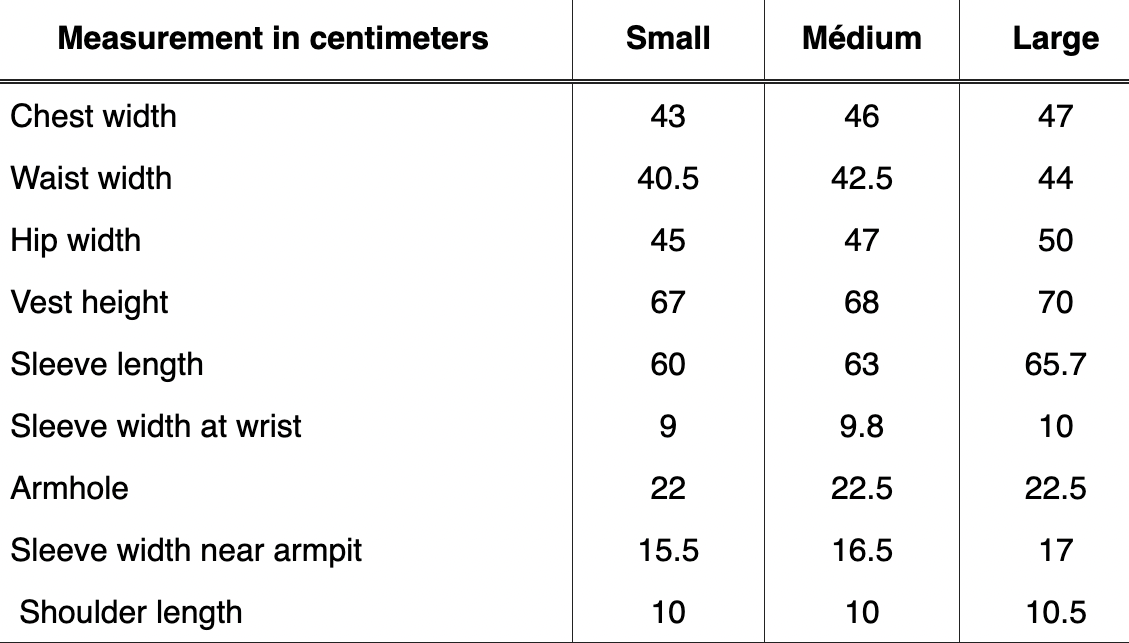 Measurement chart for clothing sizes Small, Medium, and Large in centimeters.