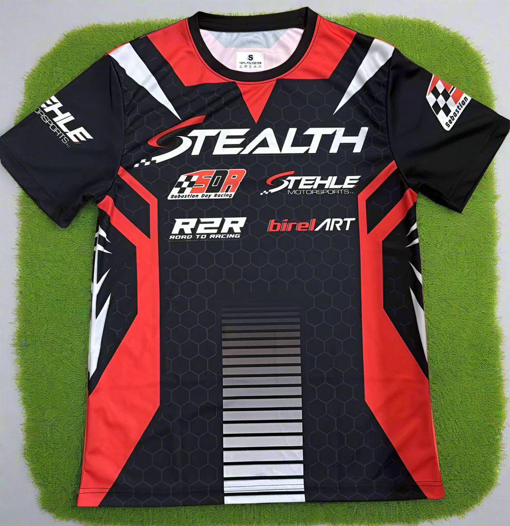 red, black, and white short-sleeved sports jersey