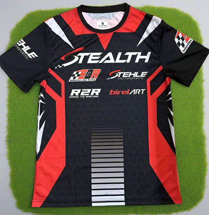 red, black, and white short-sleeved sports jersey