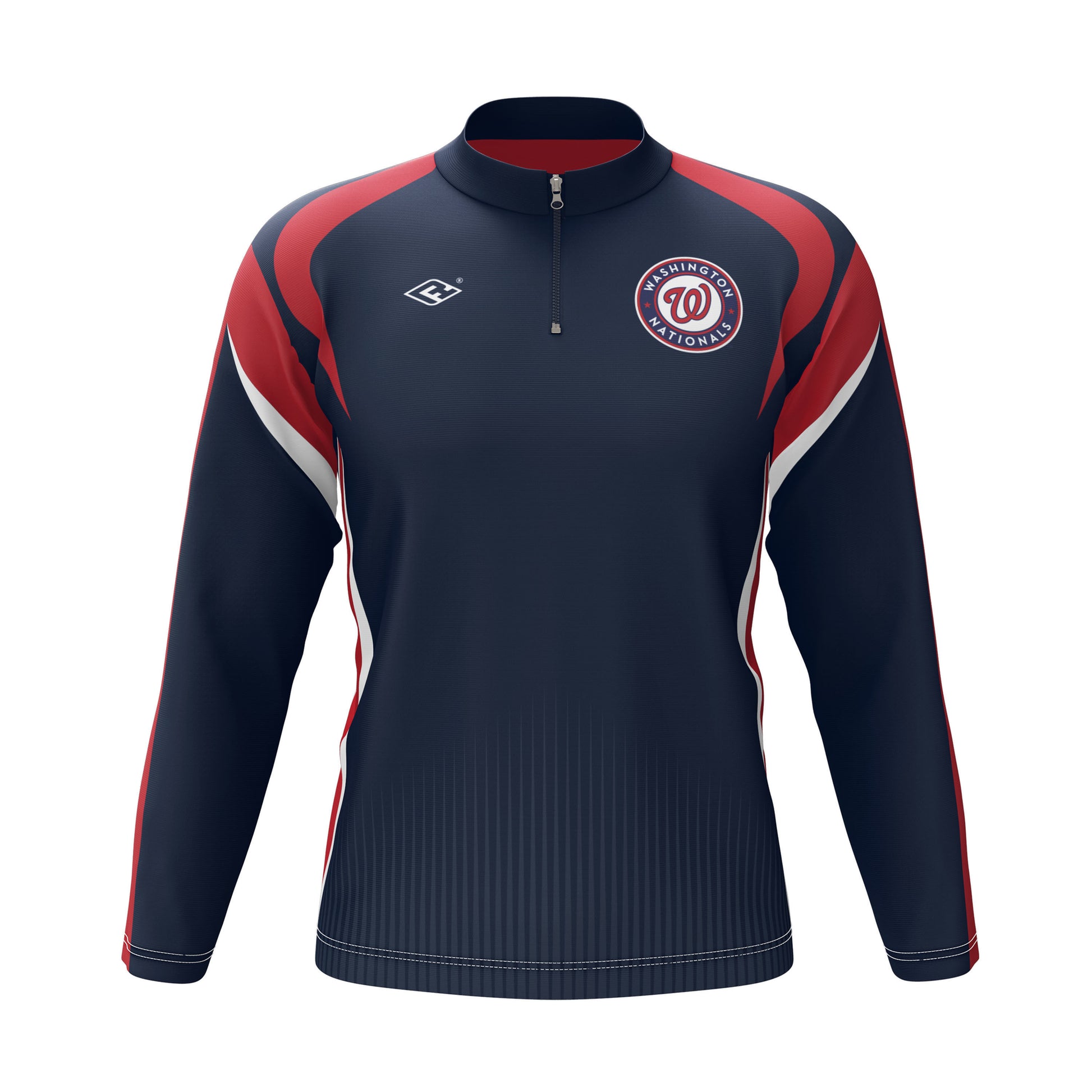 Navy long-sleeve athletic jacket with red and white accents on a white background
