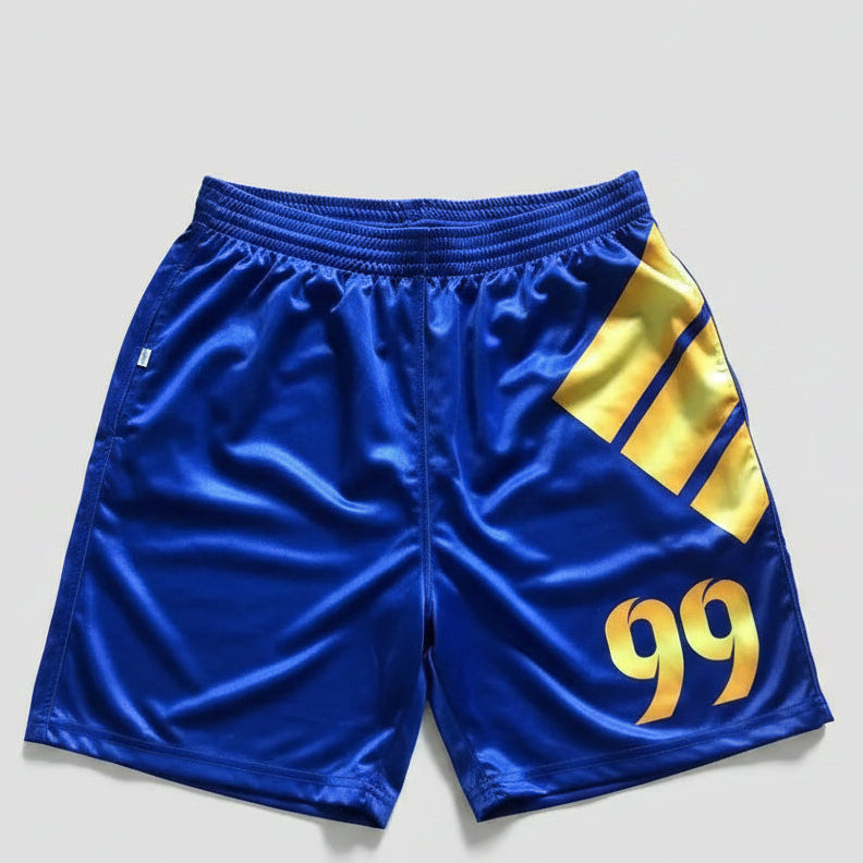 Royal Blue jersey shorts with yellow stripe and number
