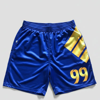 Royal Blue jersey shorts with yellow stripe and number