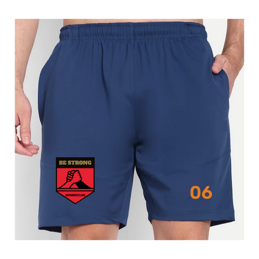 Blue shorts with a logo and number on a white background