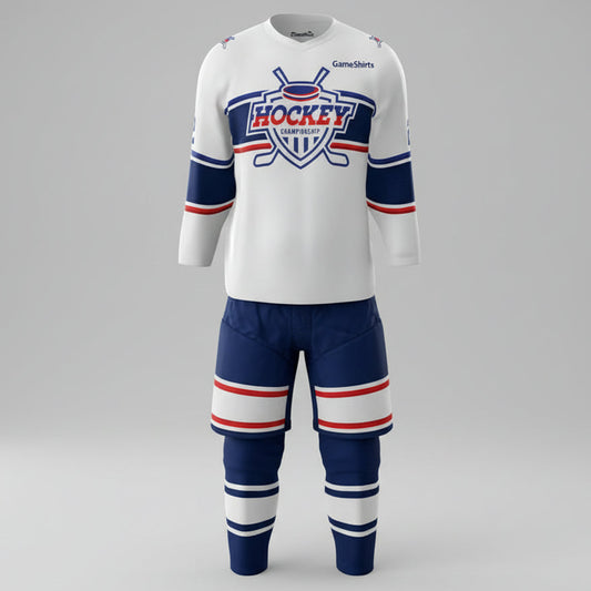 White hockey jersey with blue and red accents on a white background